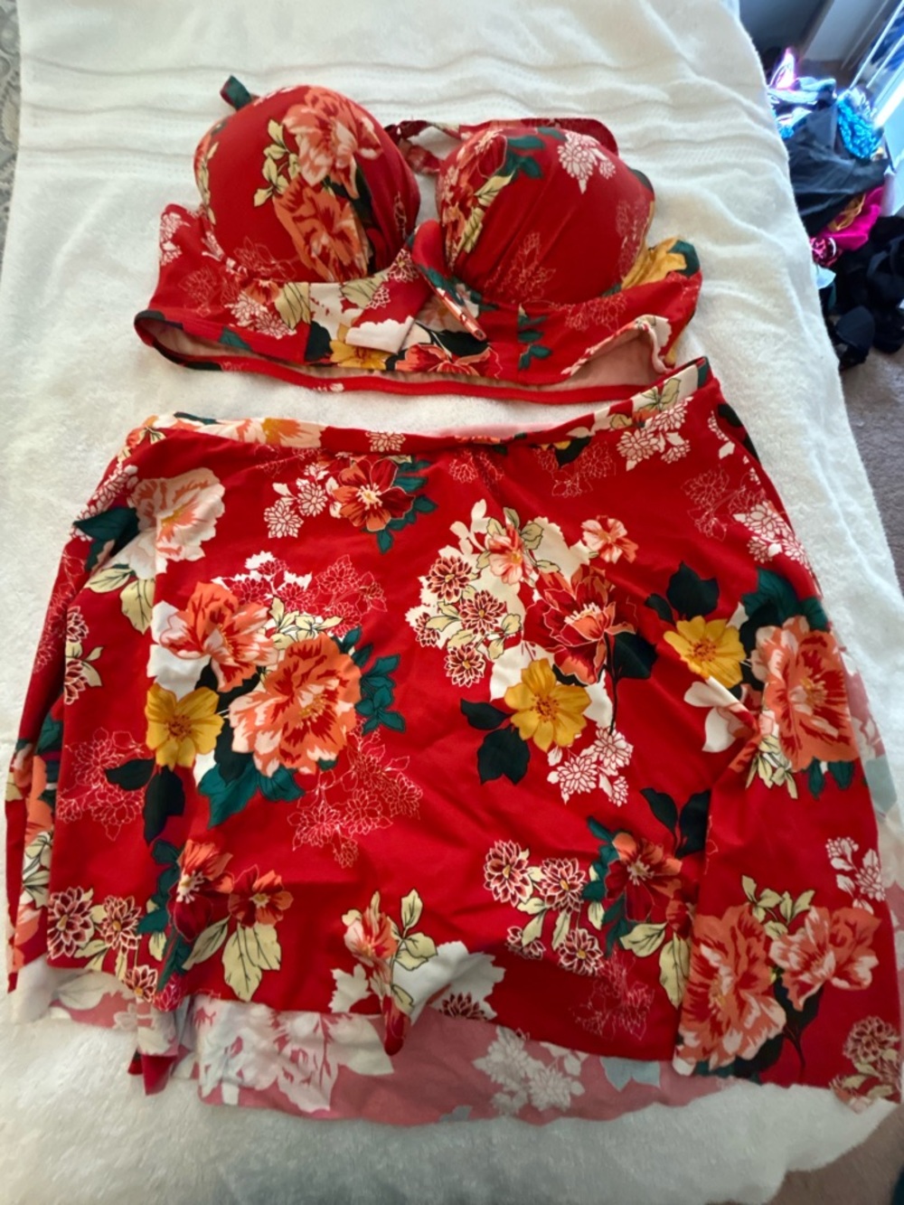 torrid Red Floral Swim set with Yellow Accents and skirted bottom